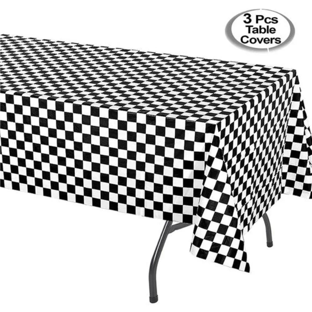 Black Checkered Tablecloth Plastic|3 Pcs Pack -54” Wide x108” Long|Black & White
